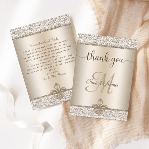 Champagne Monogram Fleur de Lis Wedding Thank You Card