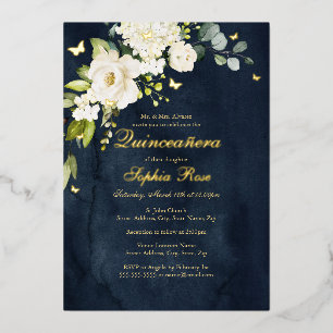 Champagne Navy Floral Golden Butterfly Quinceanera Foil Invitation