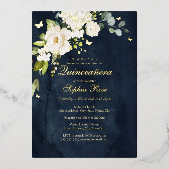Champagne Navy Floral Golden Butterfly Quinceanera Foil Invitation (Front)