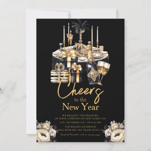 Champagne New Years Eve Celebration Black Gold  Invitation