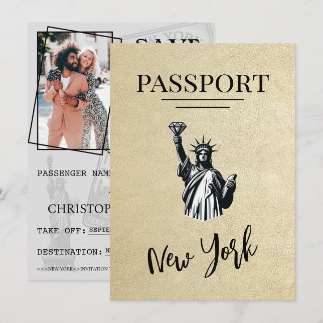 Champagne New York City Passport Save The Date (Front/Back)