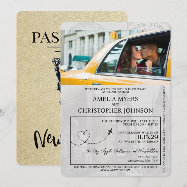 Champagne New York City Passport Wedding Invitation (Front/Back)