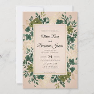 Champagne Olive Foliage Grey Eucalyptus Wedding Invitation
