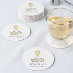 Champagne & Oysters "Cheers to Love" Round Paper Coaster<br><div class="desc">Planning a seafood themed or oyster roast rehearsal dinner, engagement party, or wedding? Our coastal chic paper coasters feature soft cream and aqua watercolor oyster and pearl illustrations surrounding a champagne flute, with two lines of custom text in classic navy blue. Shown with "Cheers to Love" in elegant script, and...</div>