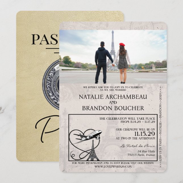 Champagne Paris Passport Wedding Invitation (Front/Back)