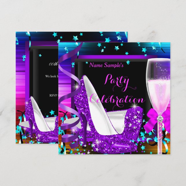 Champagne Party Any Occasion Celebration Purple Invitation (Front/Back)