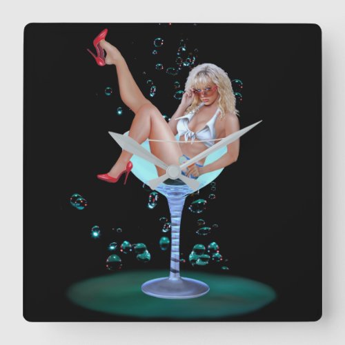 CHAMPAGNE PARTY GIRL SQUARE WALL CLOCK