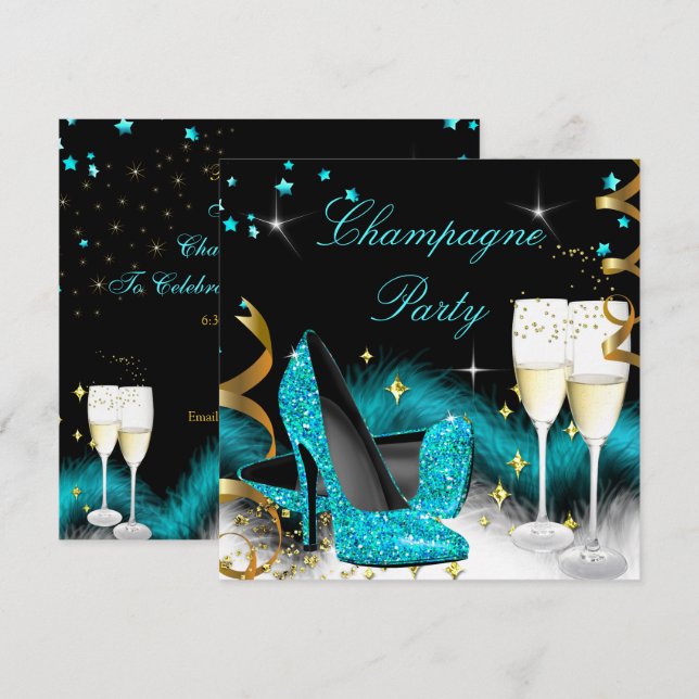 Champagne Party Glitter Teal Blue High Heels Invitation (Front/Back)