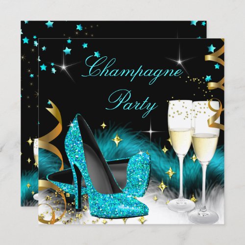 Champagne Party Glitter Teal Blue High Heels Invitation