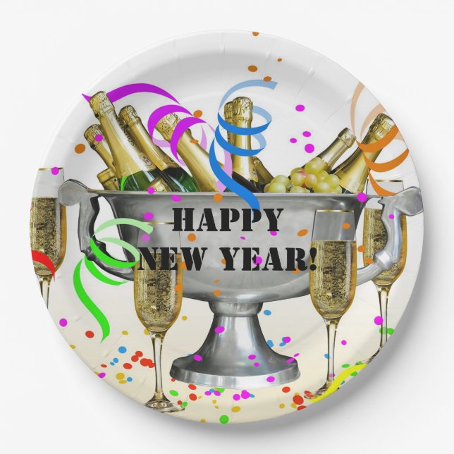 Champagne Party New Years Paper Plates (Front)
