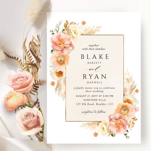 Champagne Peach Blush Cream Floral Chic Wedding  Invitation