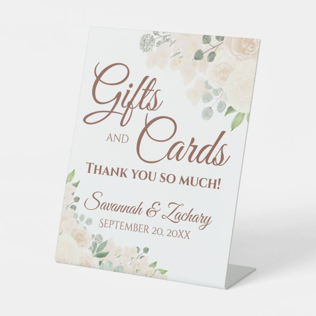 Champagne Peach Floral Wedding Gifts & Cards Pedestal Sign (Front)