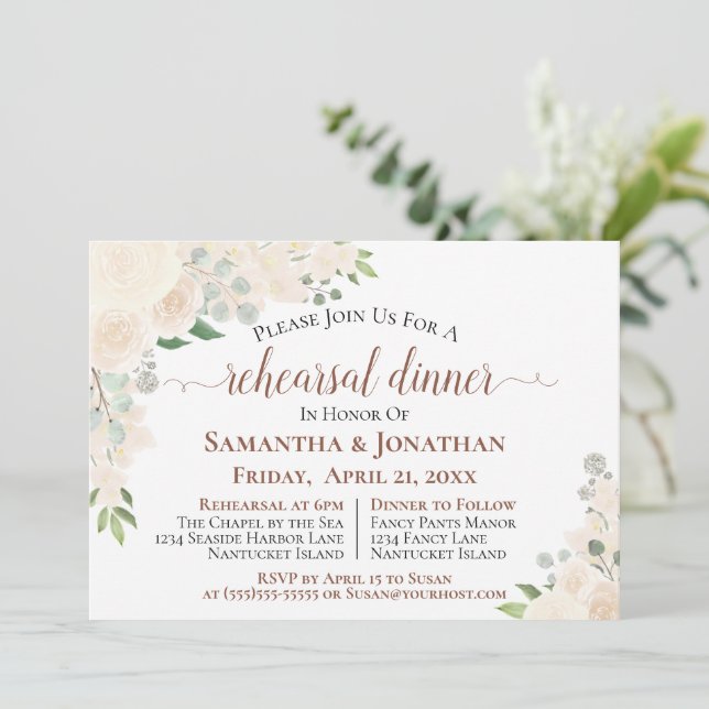 Champagne Peach Floral Wedding Rehearsal Dinner Invitation (Standing Front)