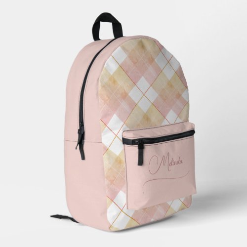 Champagne Peach Pink Plaid with Name Printed Backpack