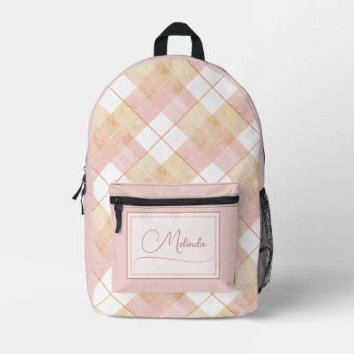 Champagne Peach Pink Plaid with Name Printed Backpack