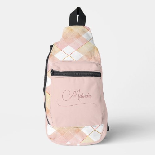 Champagne Peach Pink Plaid with Name Sling Bag