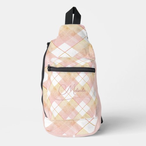 Champagne Peach Pink Plaid with Name Sling Bag