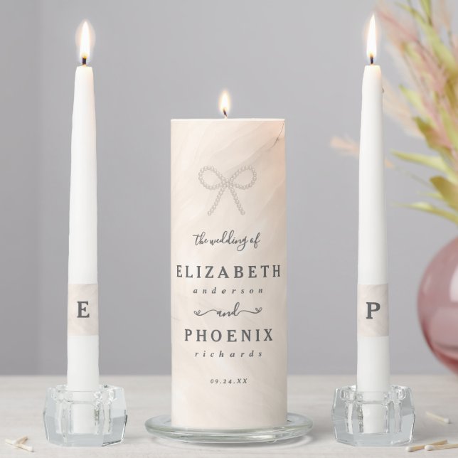 Champagne Pearl Bow Bride & Groom Monogram Wedding Unity Candle Set (In Situ)
