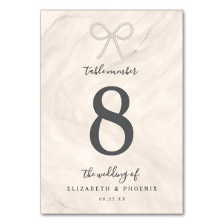 Champagne Pearl Bow Elegant Luxury Wedding Table Number