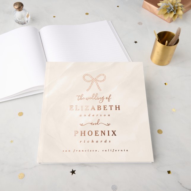 Champagne Pearl Bow Elegant Square Wedding Foil Guest Book (Front Open)
