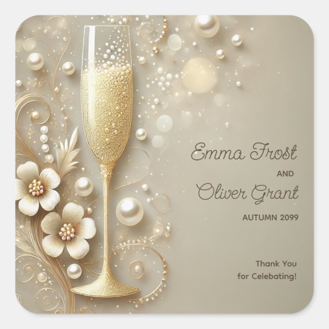 Champagne & Pearl Elegant Wedding Shower Square Sticker (Front)