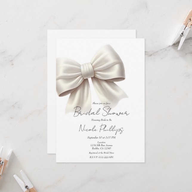 Champagne Pearl Ivory White Bow Bridal Shower Invitation (Front/Back In Situ)