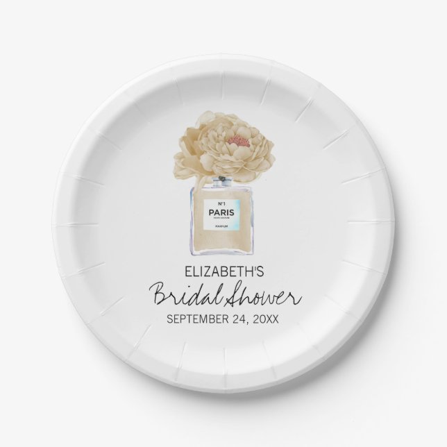 Champagne Peonies and Perfume Floral Bridal Shower Paper Plates (Front)