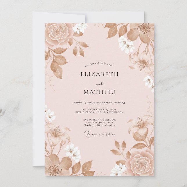 Champagne Peony Painted Wedding Invitation (Front)