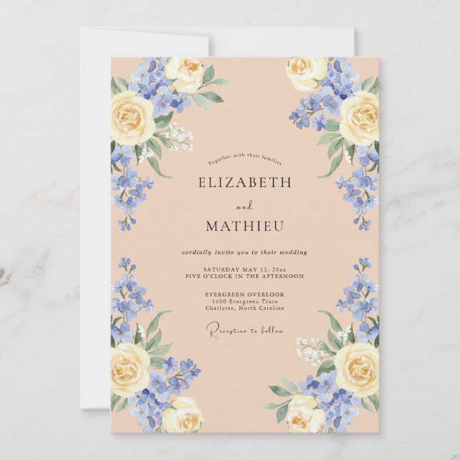 Champagne Periwinkle Rose Wedding Invitation (Front)