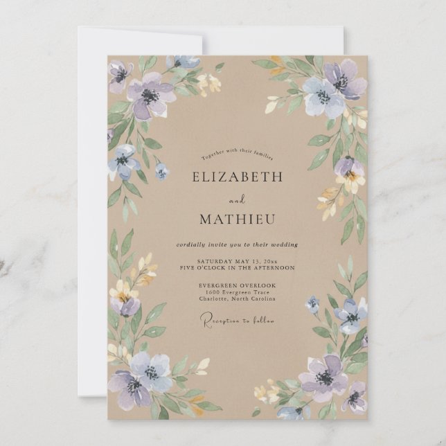 Champagne Periwinkle Wildflower Wedding Invitation (Front)