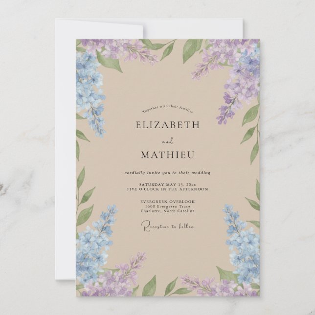 Champagne Periwinkle Wisteria Wedding Invitation (Front)