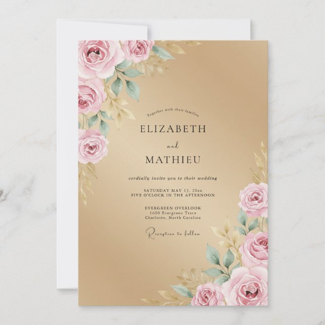 Champagne Petal Pink Rose Wedding Invitation (Front)
