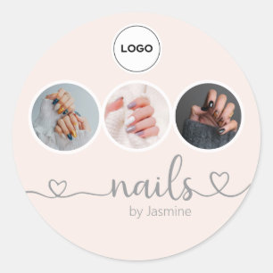 Champagne Pink 3 Photo Nail Tech Logo Thank You Classic Round Sticker