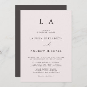 Champagne Pink and Brown Monogram Wedding Invitation