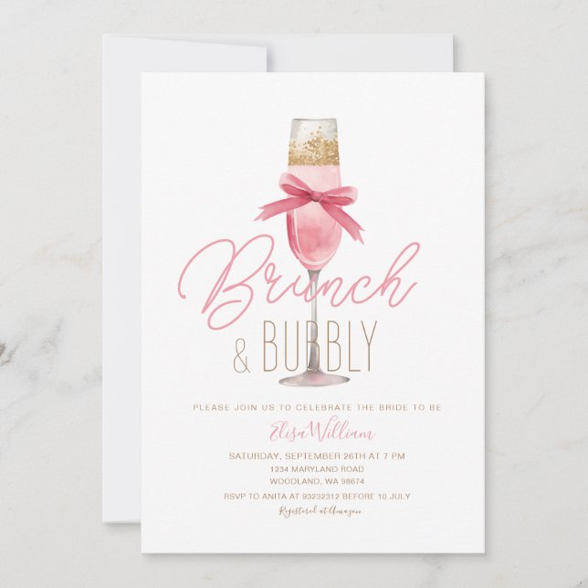 Champagne Pink Bow Brunch & Bubbly Bridal Shower Invitation (Front)