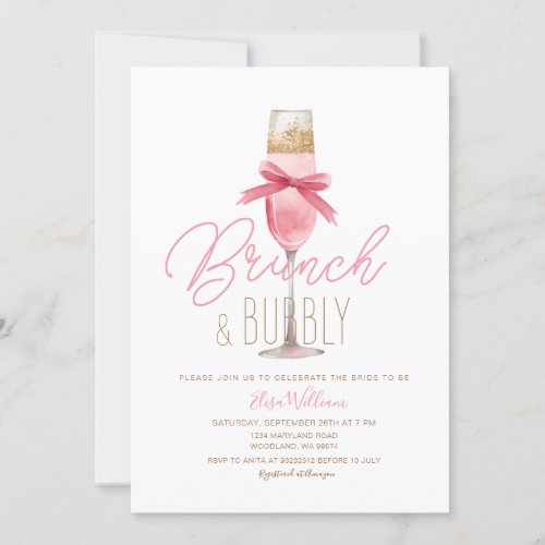 Champagne Pink Bow Brunch  Bubbly Bridal Shower Invitation