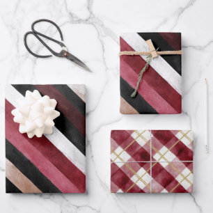 Champagne Pink Burgundy Black Stripes Christmas Wrapping Paper Sheets