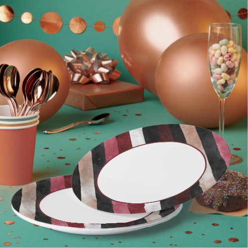 Champagne Pink Burgundy Black Stripes   Paper Plates
