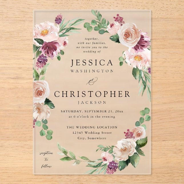 Champagne & Pink Floral 2 Wedding Acrylic Invitations (Front)