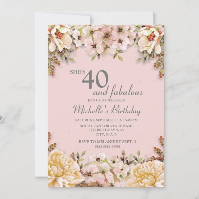 Champagne Pink Floral 40th Birthday Party Invitation (Front)