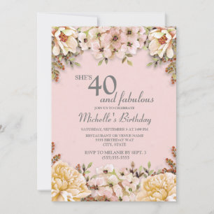 Champagne Pink Floral 40th Birthday Party Invitation