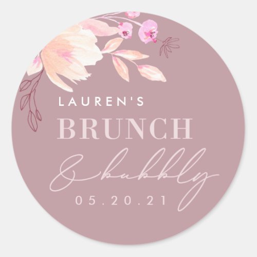 Champagne Pink Floral Bridal Brunch and Bubbly Classic Round Sticker