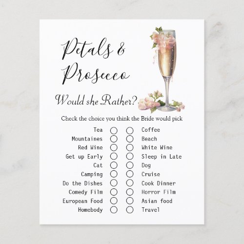 Champagne Pink Floral Bridal Shower Game Card