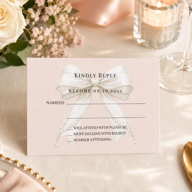 Champagne pink ivory bow response RSVP Note Card (Creator Uploaded)