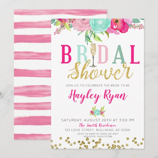 Champagne Pink & Mint Flowers Bridal Shower Invitation (Front/Back)