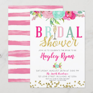 Champagne Pink & Mint Flowers Bridal Shower Invitation