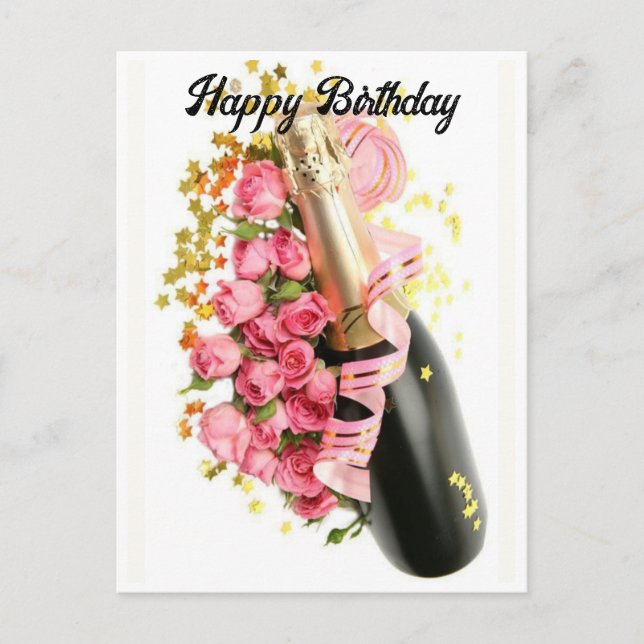Champagne & Pink Roses Birthday Post card (Front)