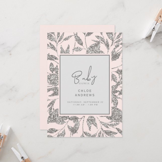 Champagne Pink & Silver Glam Baby Shower Invitation (Front/Back In Situ)
