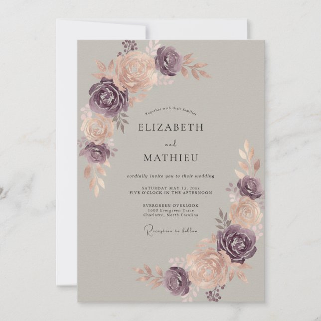 Champagne Plum Peony Wedding Invitation (Front)