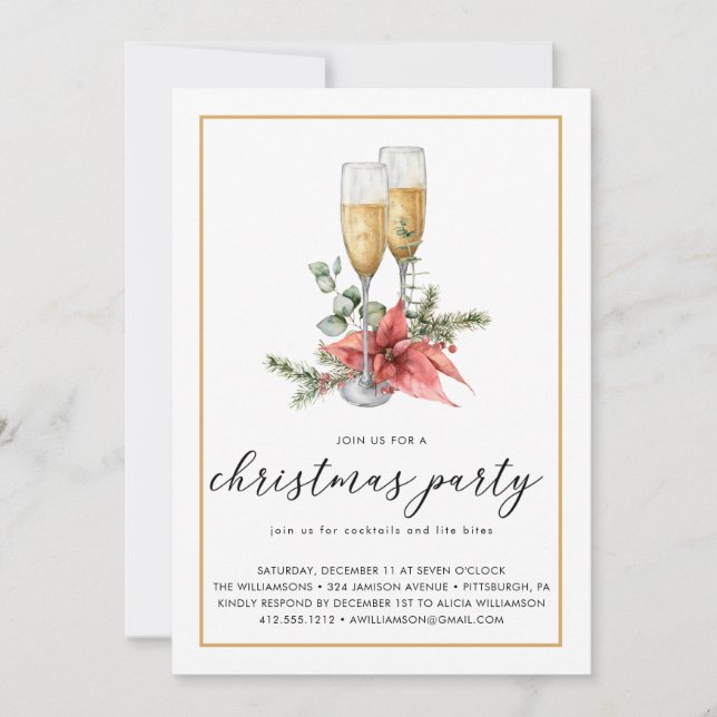 Champagne Poinsettia and Greenery Christmas Party Invitation (Front)